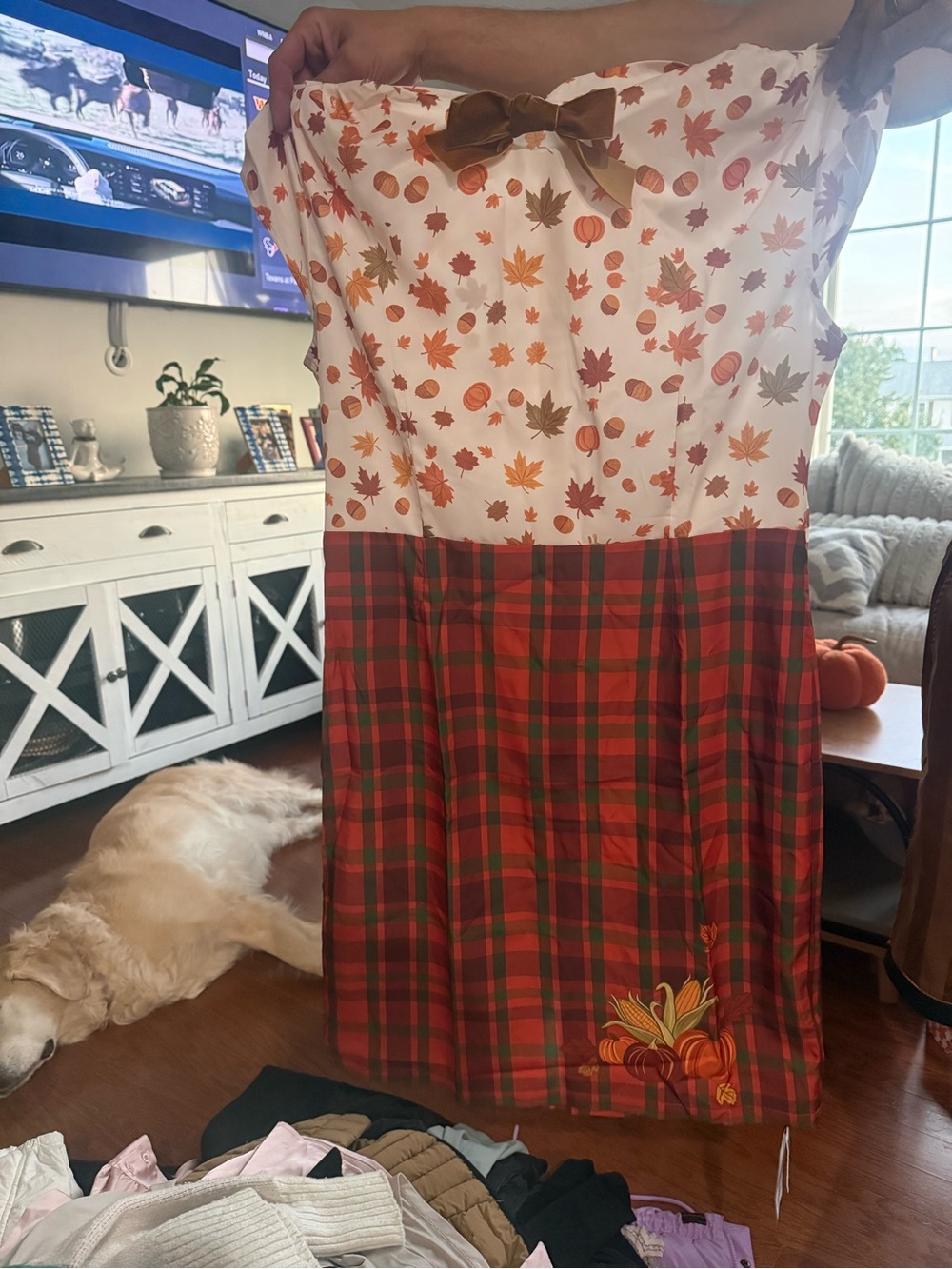 Womens' Casual Plaid & Leaf Print Dress with Bow - Red